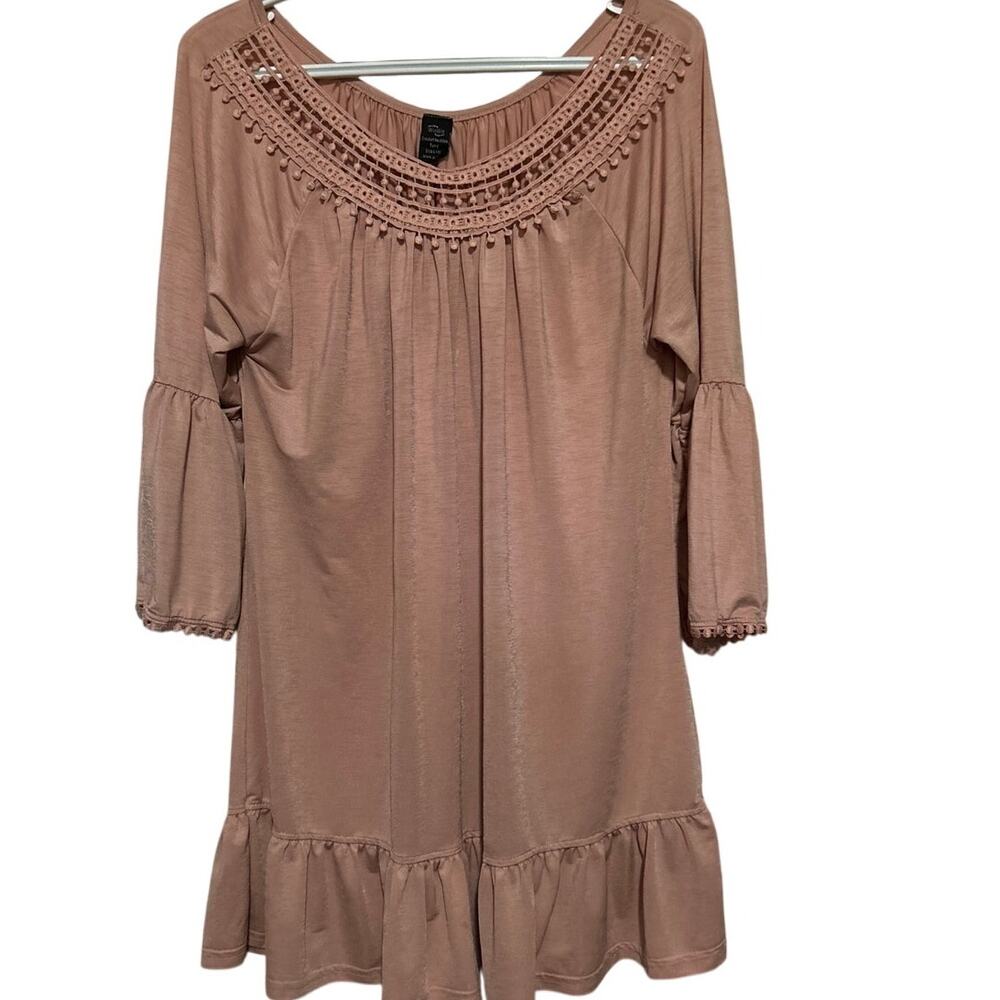 Win Win Women's Light Pink Crochet Neckline Quarter Sleeve Tunic Size L/XL